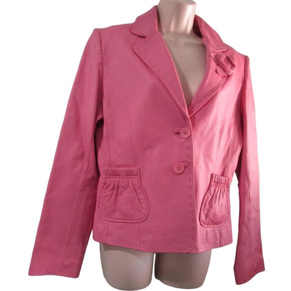 Pink Leather Two Button Lapel Flower Accent Jacket Bl;azer Wilson Ladies Large E - Picture 2 of 16